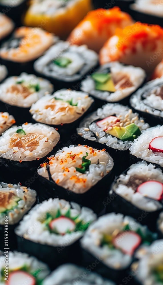 Close up of vibrant sushi rolls a visual delight for food lovers in natural light Close up of vibrant sushi rolls a visual delight for food lovers in natural light