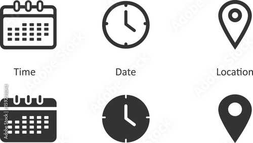 Date, time, location icon. Clock, day, place symbol. Reminder, calendar, address for website editable and transparent vector icon set