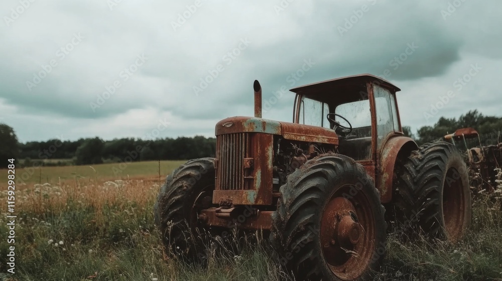 Obraz premium Rustic Machinery in Overcast Field Landscape