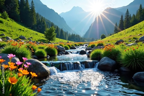 Mountain river with small waterfalls and sunlit wildflowers, nature, wild, peaceful