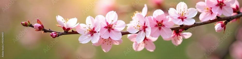 Pale pink flowers scattered along the length of a tree branch in early spring, light, warm Pale pink flowers scattered along the length of a tree branch in early spring, light, warm