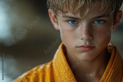 A close-up shot of a young boy wearing a bright yellow robe, ideal for illustrations or graphics related to childhood, innocence, or spiritual themes photo