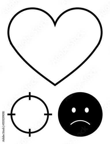 Large empty heart above a target crosshair and sad face. Ideal for themes of love, conflict, emotion, heartbreak, aim loss relationship struggles. Line metaphor. Line metaphor. Simple line icons