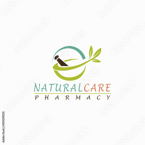 Natural Care Herbal Pharmacy Logo fully editable vector template, Green Leaf, Medical Line Icon - Mortar and Pestle.