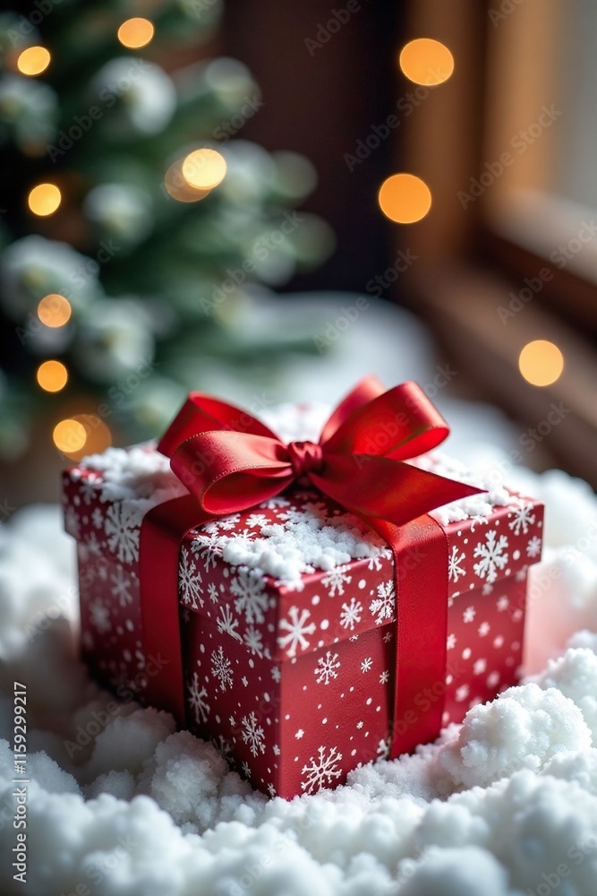 Red ribbon wrapped around a small, snow-covered gift box, holiday decor, presents Red ribbon wrapped around a small, snow-covered gift box, holiday decor, presents