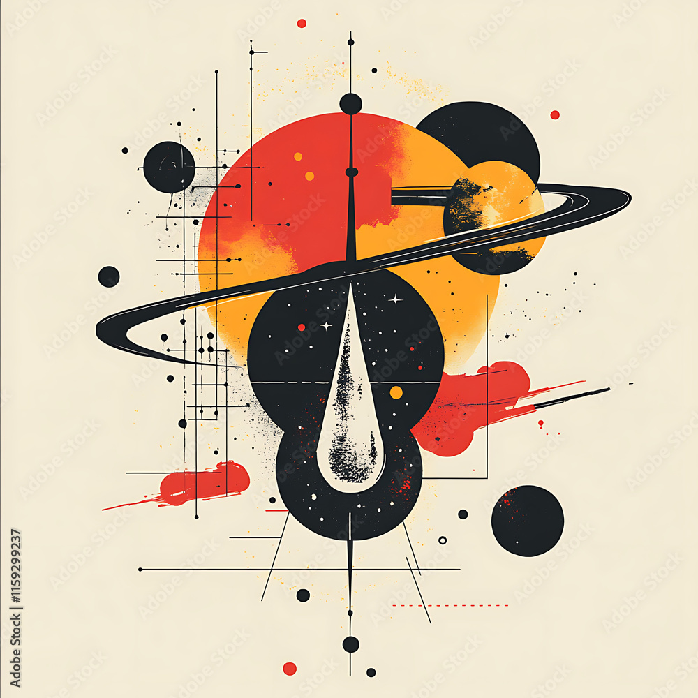 Obraz premium Innovative Scientific Breakthrough Illustrating Historical Progress in Space Exploration with Abstract Art Elements and Cosmic Themes