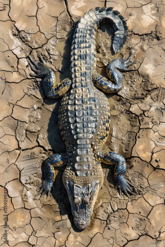 Fototapeta premium Alligator lies in dried mud, showing its scales and texture.