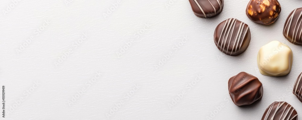Minimal chocolates concept. Delicious assorted chocolates arranged elegantly on a light background. Minimal chocolates concept. Delicious assorted chocolates arranged elegantly on a light background.