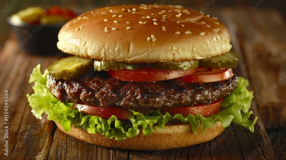 Delicious homemade hamburger with juicy beef patty, fresh veggies, and toasted bun on rustic wood Delicious homemade hamburger with juicy beef patty, fresh veggies, and toasted bun on rustic wood