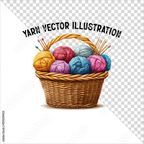A clipart of knitting needles and yarn with basket. Skein of yarn with knitting needles
