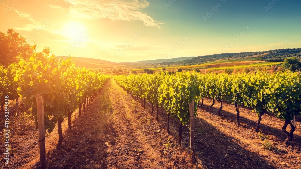 Naklejka premium Scenic Vineyard Under Bright Sunlight Panorama