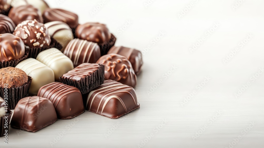 Minimal chocolates concept. Assorted gourmet chocolates arranged on a white surface for an elegant presentation. Minimal chocolates concept. Assorted gourmet chocolates arranged on a white surface for an elegant presentation.