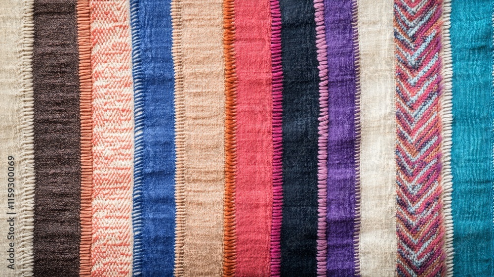 Colorful Textile Stripes Displaying Various Patterns and Textures, Perfect for Backgrounds and Fabric Design Inspiration in Fashion and Home Decor