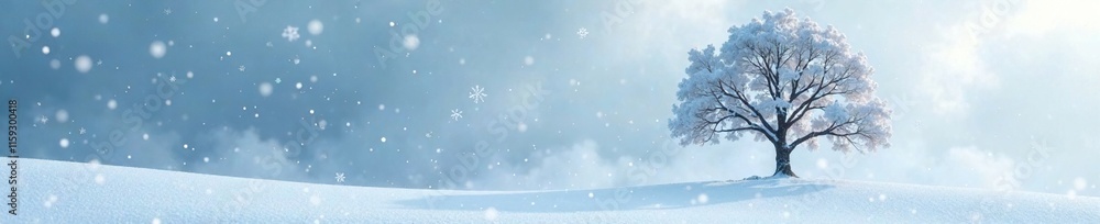 Snowflakes gently fall around a lone tree in the frozen landscape, frosty landscape, isolated tree, winter Snowflakes gently fall around a lone tree in the frozen landscape, frosty landscape, isolated tree, winter