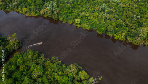 AERIAL PHOTOS OF THE NANAY RIVER AND BOATS NAVIGATING IN ITS WATERS, IN THE PERUVIAN AMAZON JUNGLE, BLACK WATER IGAPO WITH COMMUNITIES OF PEOPLE SURROUNDING THE NANAY.