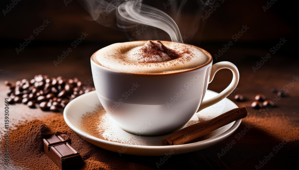 Mug filled with hot chocolate topped with marshmallows and cinnamon is surrounded by pine branches and pine cones Mug filled with hot chocolate topped with marshmallows and cinnamon is surrounded by pine branches and pine cones