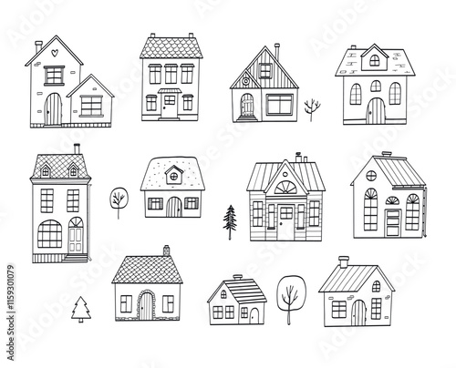 Cute hand drawn countryside cottages collection for prints, cards, coloring pages, stationery, banners, etc. EPS 10