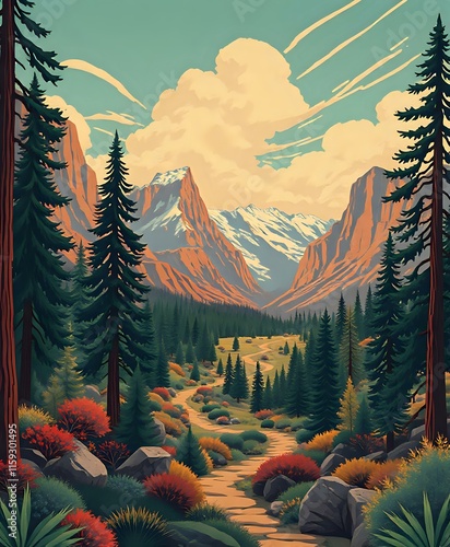 Stylized National Park Art Deco Landscape