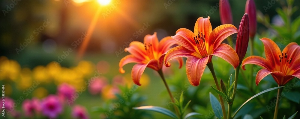 Spider lilies growing in a garden bed at sunset with warm colors surrounding them, foliage, stems, colorful Spider lilies growing in a garden bed at sunset with warm colors surrounding them, foliage, stems, colorful