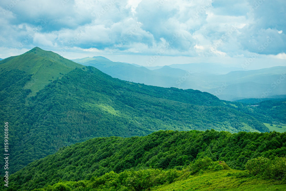Bieszczady góra góry połoniny las drzewa dolina niebo chmury wiosna lato