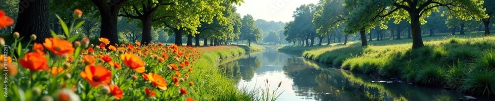 Trees and flowers bloom in the fertile soil alongside a meandering river, trees, nature Trees and flowers bloom in the fertile soil alongside a meandering river, trees, nature