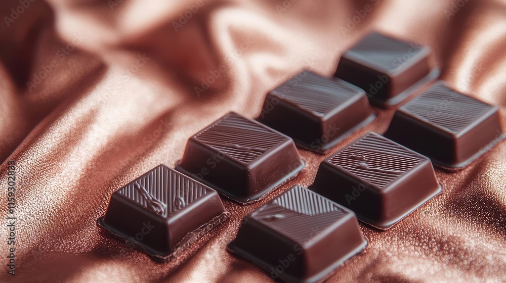 Minimal chocolates idea. Delicious dark chocolate pieces arranged on a smooth satin surface. Minimal chocolates idea. Delicious dark chocolate pieces arranged on a smooth satin surface.