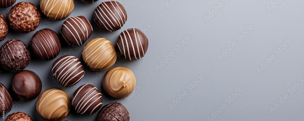 Minimal chocolates idea. An assortment of gourmet chocolate truffles beautifully arranged on a grey background. Minimal chocolates idea. An assortment of gourmet chocolate truffles beautifully arranged on a grey background.