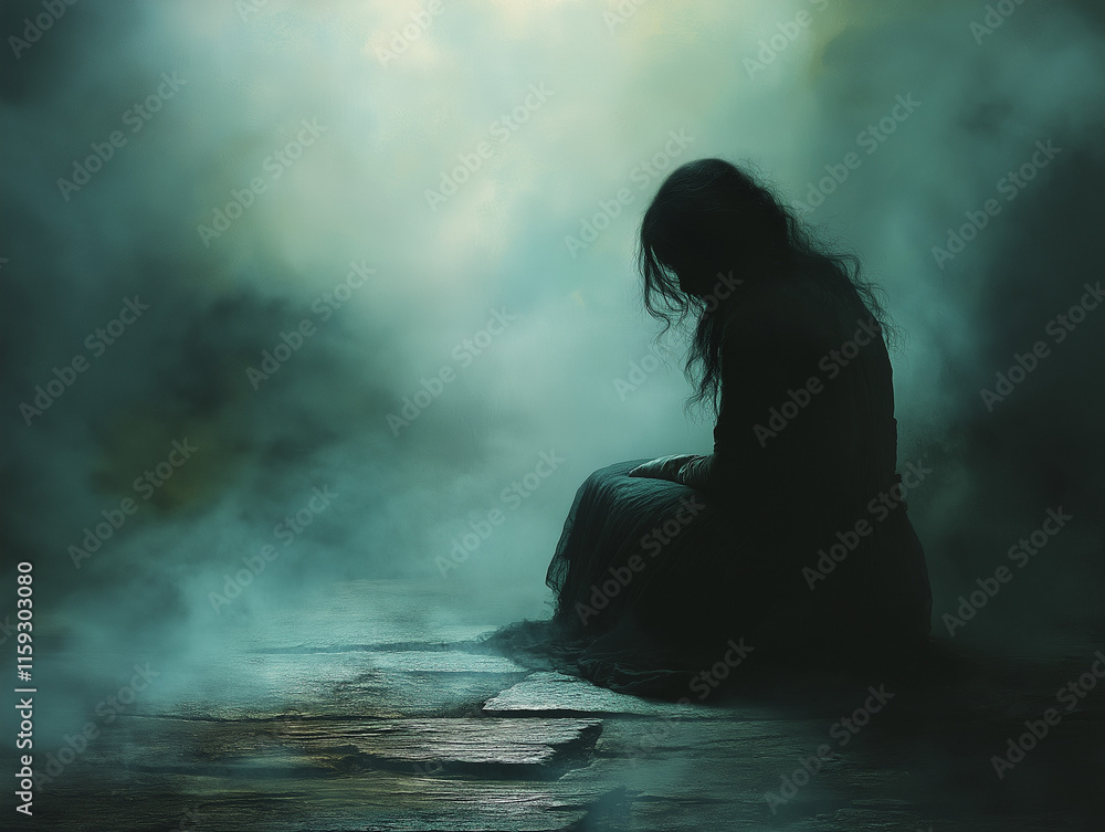 Mysterious Woman Sitting in a Foggy Atmosphere: Emotional Silhouette Mysterious Woman Sitting in a Foggy Atmosphere: Emotional Silhouette