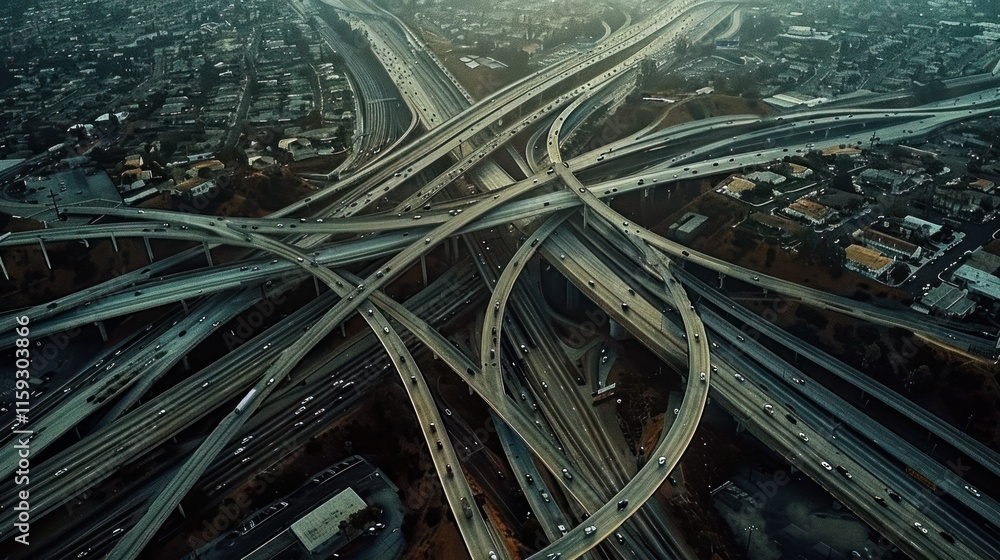 Aerial view of a complex multi-level freeway interchange. Aerial view of a complex multi-level freeway interchange.