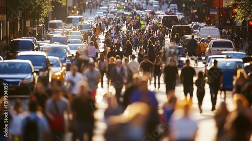 Wallpaper Mural Bustling city street alive with pedestrians and traffic during golden hour in an urban environment Torontodigital.ca