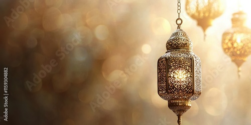 Beautiful Islamic lanterns illuminated in celebration of Eid al-Fitr and Eid el Adha against a decorative background photo