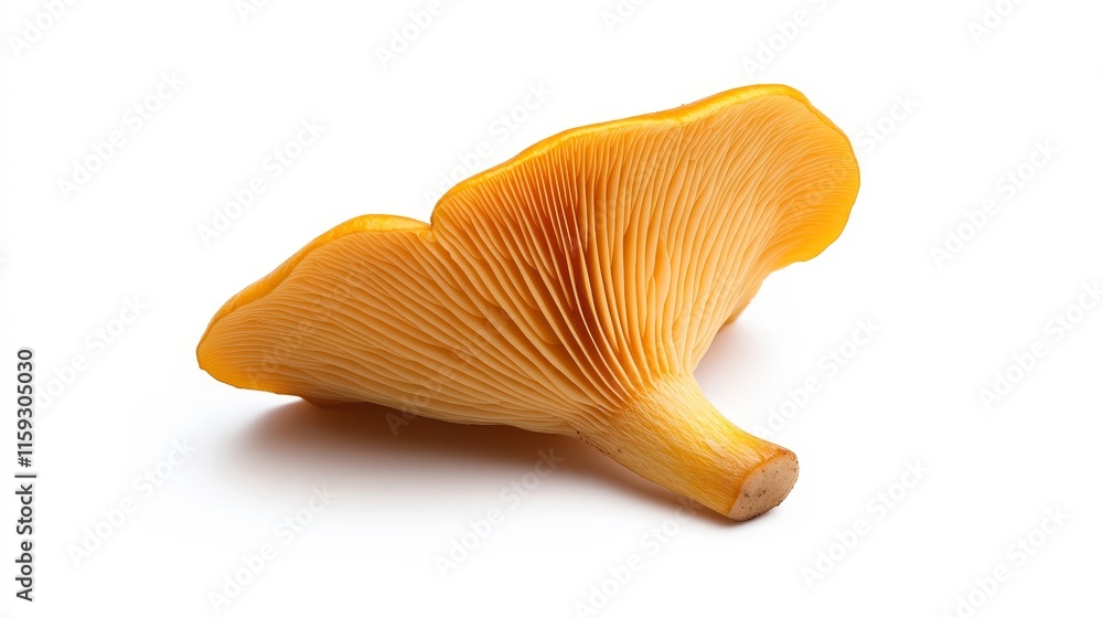 Vibrant Golden Chanterelle Mushroom Isolated on a White Background, Showcasing Unique Cap Shape and Gills Ideal for Culinary and Nature Photography Vibrant Golden Chanterelle Mushroom Isolated on a White Background, Showcasing Unique Cap Shape and Gills Ideal for Culinary and Nature Photography