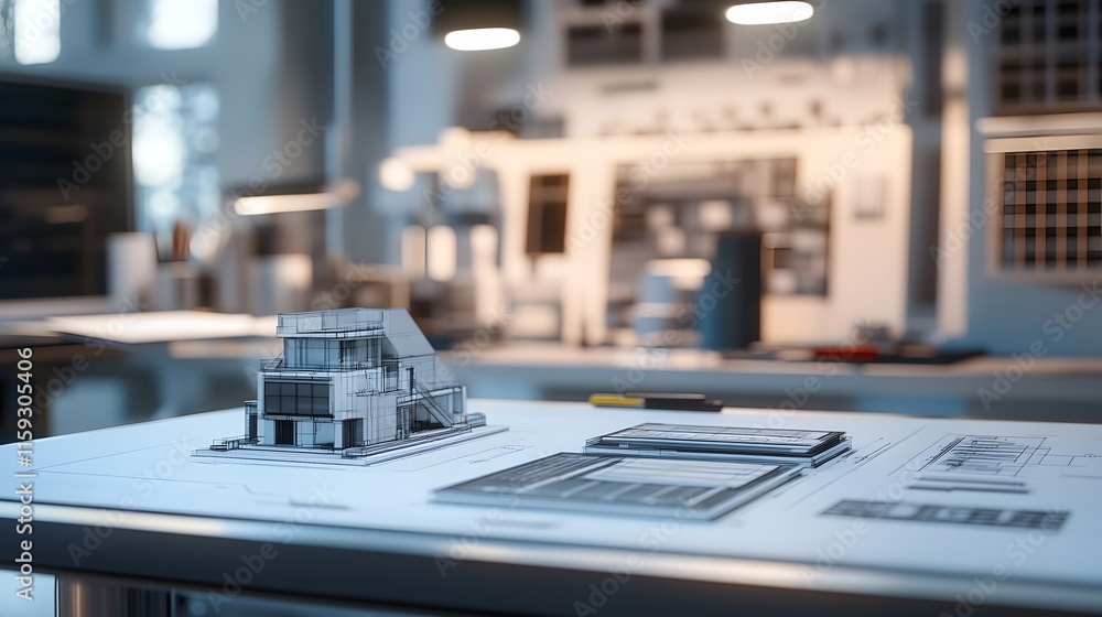 Architectural Model And Blueprints On A Table Architectural Model And Blueprints On A Table