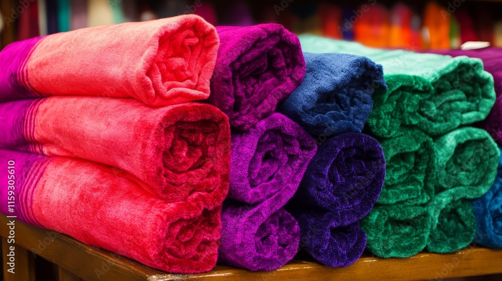 Fototapeta premium A stack of colorful rolled towel arranged neatly on a table.