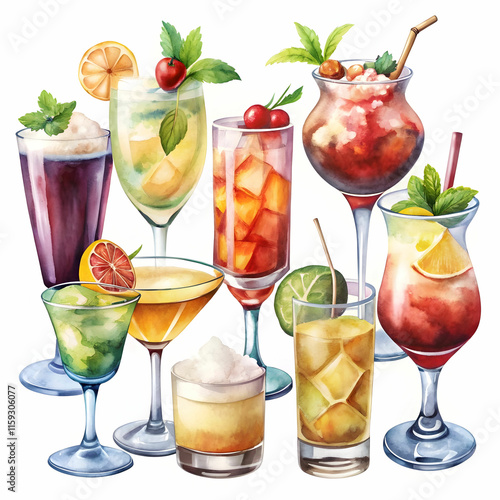 Alcohol Cocktail Collection in Watercolor Style Illustration