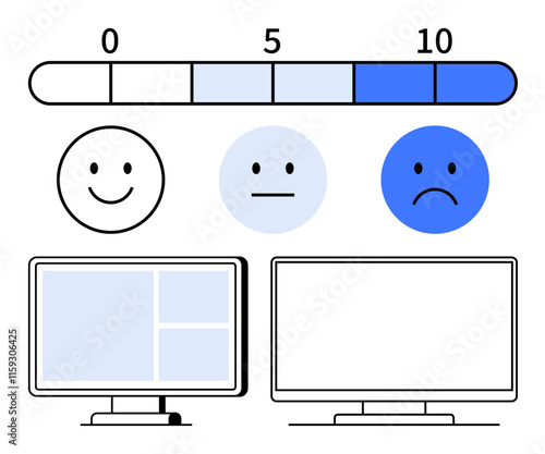 User satisfaction rating bar with a scale, smiling, neutral, and sad faces representing different satisfaction levels, and two computer monitors. Ideal for feedback, user experience, ratings