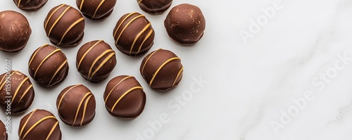 Minimal chocolates concept. Delicious chocolate truffles with a decorative caramel drizzle on a marble surface.