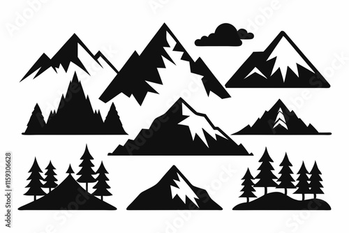 Mountain silhouette icon isolated on white background Pro Vector. A black and white drawing of a mountain with trees and mountains

