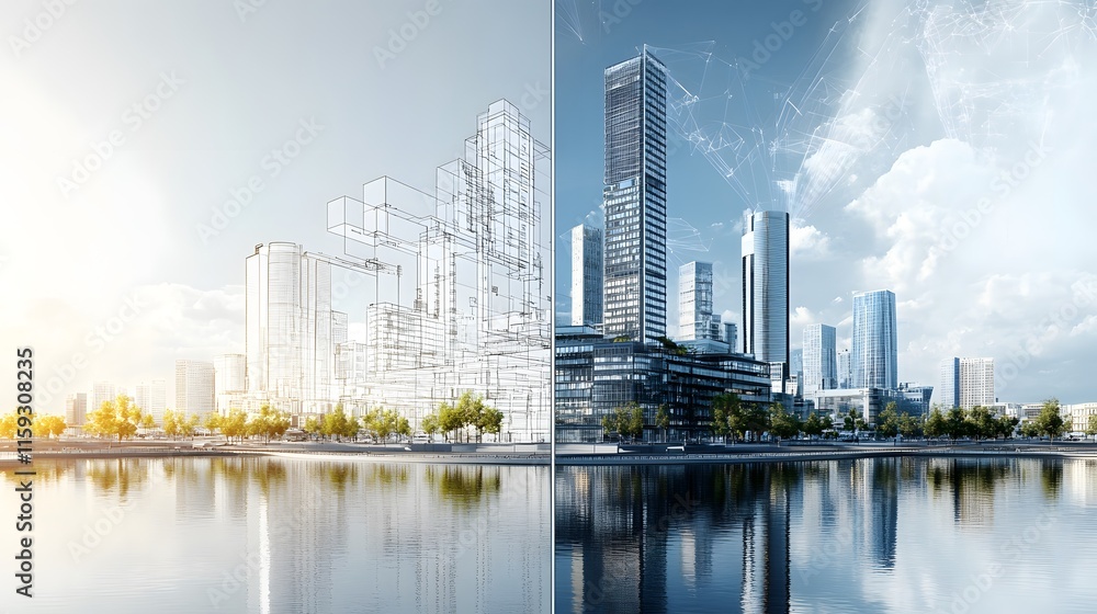 Obraz premium Modern Cityscape Development Architectural Blueprint Transformation