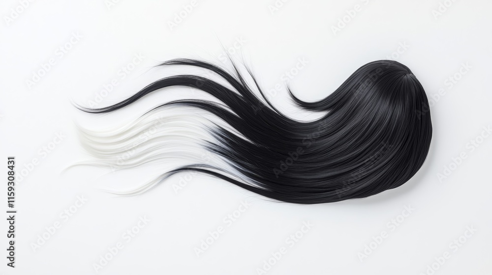Elegantly Flowing Long Black Hair with Subtle White Highlights Displayed Against a Simple White Background for Beauty and Fashion Representations Elegantly Flowing Long Black Hair with Subtle White Highlights Displayed Against a Simple White Background for Beauty and Fashion Representations
