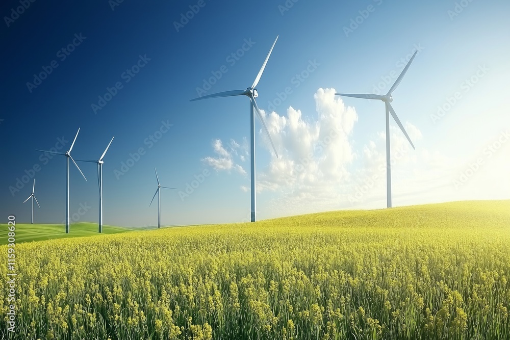 Vibrant Green Field With Towering Wind Turbines Generating Clean Energy Under a Bright Blue Sky Adorned With Fluffy Clouds Vibrant Green Field With Towering Wind Turbines Generating Clean Energy Under a Bright Blue Sky Adorned With Fluffy Clouds