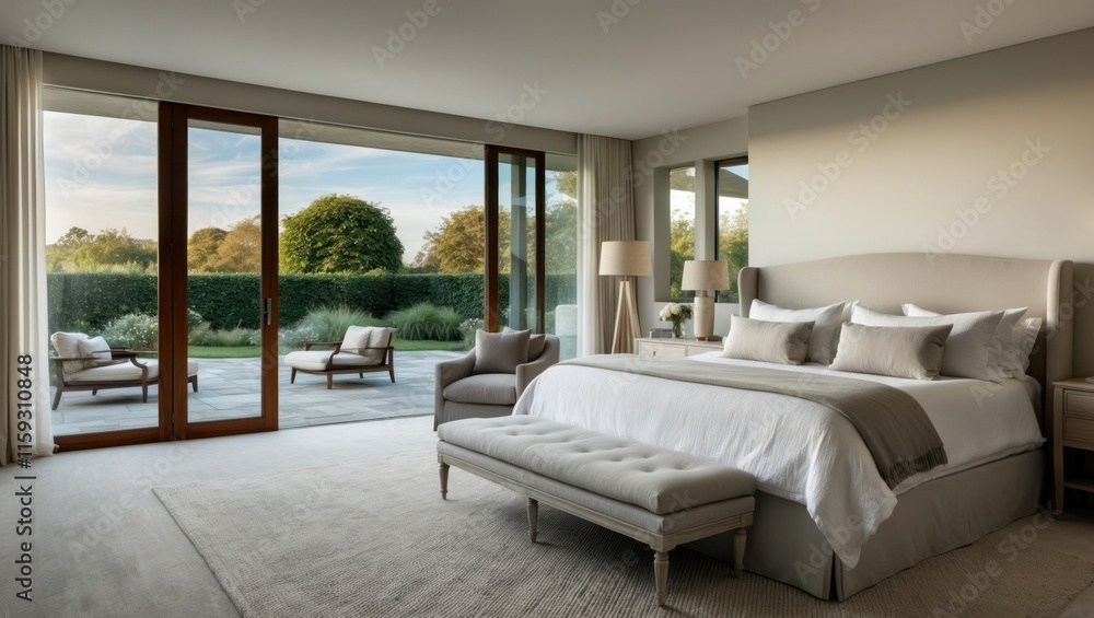 Modern bedroom featuring large windows, minimalist decor, and a serene view of nature Space encourages relaxation and comfort Modern bedroom featuring large windows, minimalist decor, and a serene view of nature Space encourages relaxation and comfort
