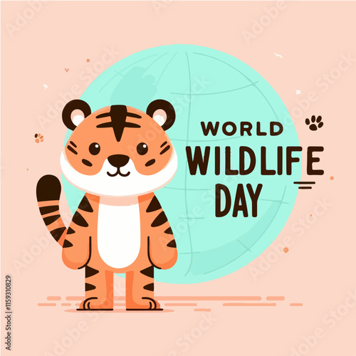 Cute tiger celebrating World Wildlife Day with a globe in the background. Suitable for conservation awareness campaigns and educational resources.