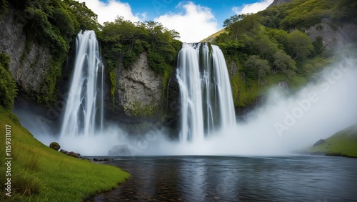 Stunning waterfall cascading into river, surrounded by lush greenery and mist, creating serene atmosphere perfect for nature lovers and travelers