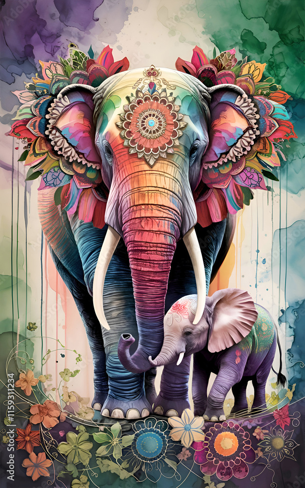 stunning fine art with elephant and her baby in pale colors and design floral elements. 3D render digital artwork. Ai generated