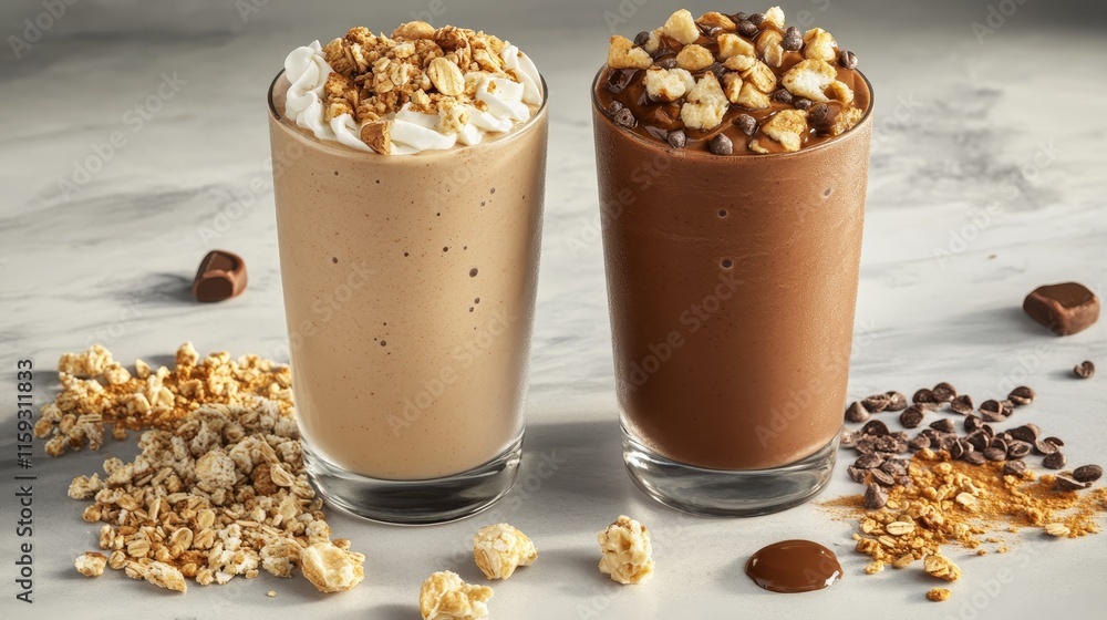 Two delicious milkshakes topped with whipped cream and nuts, surrounded by snack. Two delicious milkshakes topped with whipped cream and nuts, surrounded by snack.