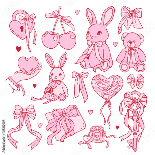Coquette Valentines day elements set decorated with coquette bows, ribbons. Love letter, lock with key, teddy, bunny, balloon. Elegant vintage gifts with bow. Hand drawn line art vector illustrations