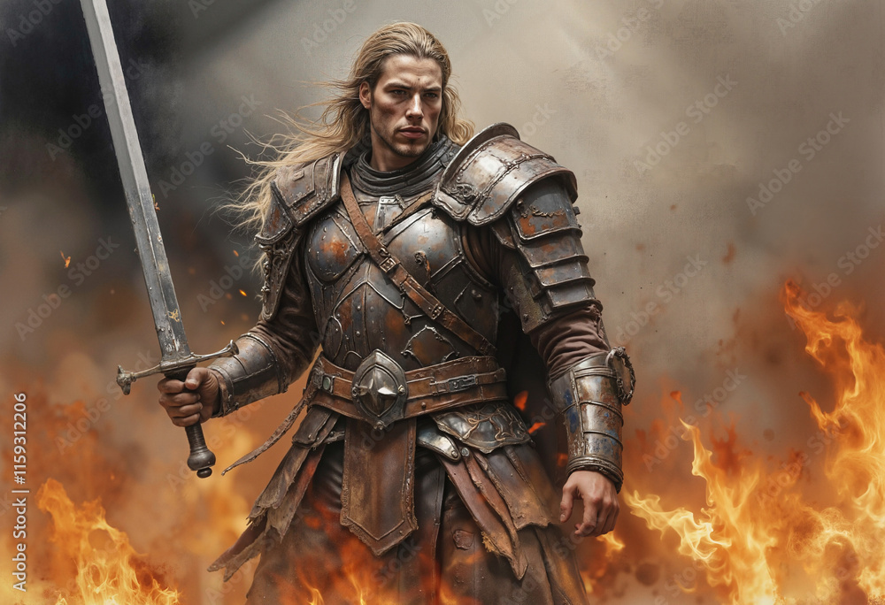 Charismatic man with long hair in medieval armor with sword in fire and sparks Charismatic man with long hair in medieval armor with sword in fire and sparks
