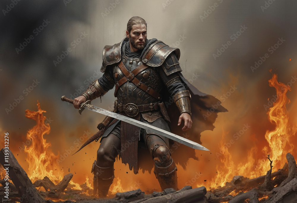 Charismatic man with long hair in medieval armor with sword in fire and sparks Charismatic man with long hair in medieval armor with sword in fire and sparks