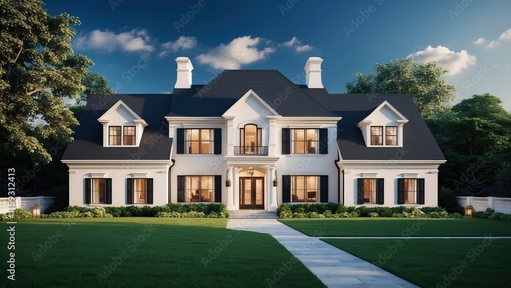 Elegant two story white house with modern classic design, surrounded by lush greenery and well maintained landscaping, ideal for family living Elegant two story white house with modern classic design, surrounded by lush greenery and well maintained landscaping, ideal for family living